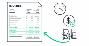 Invoice with highlighted detention, lumper, and layover line items being recovered with arrow, clock, and dollar icons representing ClearLane accessorial charge recovery audit