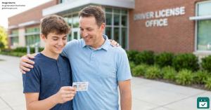 A smiling teenager and his proud dad look at the teen's new driver's license outside a Texas DPS driver's license office, after an earlier DPS appointment instead of the months-long wait.
