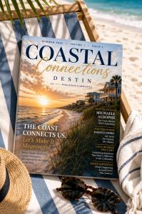 “Cover of Coastal Connections Destin Magazine featuring a scenic Emerald Coast sunset, beachfront homes, and stories highlighting local businesses, community leaders, authors, and events in Destin, Florida.”