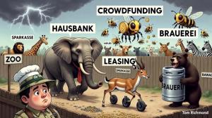 Business-Cartoon einer Zoo-Szene zur Gastrofinanzierung: Ein Gastronom blickt besorgt auf verschiedene Kapitalgeber. Ein Elefant steht für die Hausbank, eine Gazelle für Leasing, ein Bär mit Bierfass für die Brauerei und Bienen für Crowdfunding. Beschrift