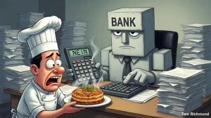 Business-Cartoon: Ein verängstigter Koch hält einem grauen, streng wirkenden Bankangestellten einen Teller mit Essen entgegen. Der Bankmitarbeiter sitzt zwischen hohen Papierstapeln, trägt den Schriftzug „BANK“ auf dem Kopf und tippt „NEIN“ in einen Tasch
