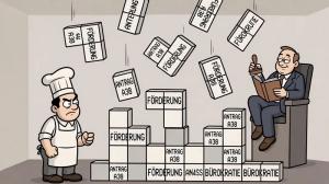 Business-Cartoon: Ein frustrierter Koch steht vor einem Stapel fallender Tetris-Blöcke mit den Beschriftungen „Förderung“, „Antrag A38“ und „Bürokratie“. Rechts sitzt ein entspannt wirkender Mann im Sessel, liest ein Regelbuch und zeigt mit dem Daumen nac