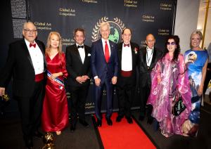 Left to right: Ray Simon, Rose Hong, Julien Benichou, Dr. Mehmet C. Oz, Dr. Samuel Hancock, Tset Wong, Bella Yanbo Huang, and Vanessa Broussard at the Global Art Competition & Fashion Gala celebrating America's 250th Anniversary at the Kennedy Center.