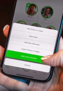 App screen showing menu options to add new photos or family members