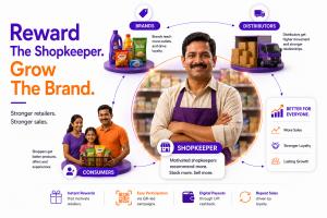 Illustration showing an Indian shopkeeper at the centre of a retail ecosystem connecting brands, distributors, and consumers, highlighting the role of retailer loyalty programs in driving sales growth.