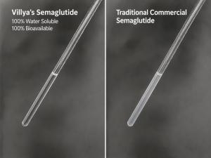 "Side-by-side laboratory comparison of Villya Pharmaceuticals' semaglutide formulation and a traditional commercial semaglutide product. Villya's formulation appears completely clear and dissolved in water, while the commercial formulation remains cloudy,