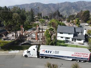 ATI Restoration Emergency Response Trailer entering damaged areas in response to the 2025 Los Angeles Fires
