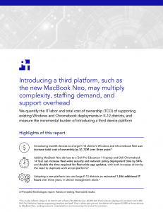First page of a report titled Introducing a third platform, such as the new MacBook Neo, may multiply complexity, staffing demand, and support overhead