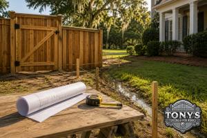 Cedar privacy fence, gate, survey plans, measuring tape, layout stakes, and drainage area at a Southeast Louisiana home with Tony’s Fencing & Iron Works logo.