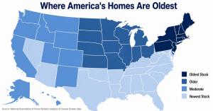 Map of the United States shading states by relative housing-stock age, with the Northeast and industrial Midwest, including New York, Massachusetts, Rhode Island, Pennsylvania, and Vermont, shown as the oldest, and Sun Belt states such as Nevada and Texas