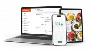 A digital presentation of a restaurant management system displayed on a laptop, tablet, and smartphone. The laptop shows an inventory management page, the tablet displays a food menu with multiple dishes, and the smartphone features a wine list with a dec