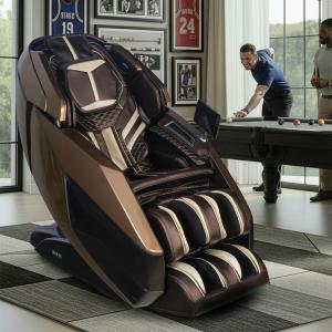Brown massage chair in a room with 2 men playing billards