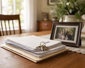Stack of estate and property documents with house keys and a framed family photograph resting on a wooden dining room table. Soft natural light fills the room, creating a warm, respectful atmosphere associated with inherited property and estate planning. 