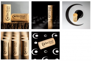 Collection by DIAM premium wine cork closures showing natural cork appearance and branded DIAM packaging design.