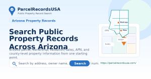 Illustration of the ParcelRecordsUSA Arizona Property Records platform showing public property record search tools for Arizona, Maricopa County, and Pima County, including property address, owner name, APN, parcel number, valuation, and parcel information