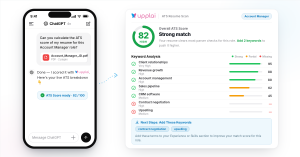 ChatGPT conversation showing Upplai ATS Score Checker results, including an ATS score, missing resume keywords, and recommendations to improve a resume for a specific job.