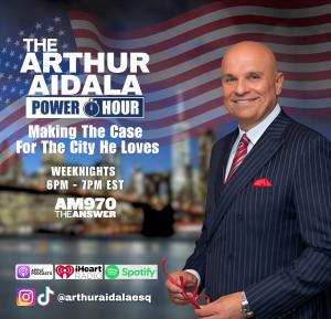 Arthur Aidala with city skyline and American flag