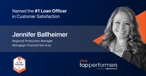 Promotional graphic for Experience.com's 2025 Top Performers awards featuring Jennifer Ballheimer, Regional Production Manager at Mortgage Financial Services, recognized as the #1 Loan Officer in Customer Satisfaction.