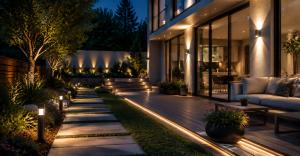 Modern home exterior at night with landscape and pathway lighting creating a warm ambient atmosphere, representing Lumaz home lighting solutions for outdoor residential spaces.
