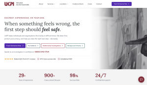 A hero image of UK Private investigators showing text on a white background, the text reads : Discreet. Experienced. On your side. When something feels wrong, the first step should feel safe. UKPI helps individuals and organisations find clarity in diffi