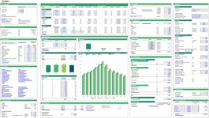 Screenshot of a financial model’s assumptions dashboard with input panels for timeline, pricing, taxes, and discount rate.