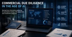 Commercial due diligence workflow showing AI-supported research, assumption testing, risk assessment, market analysis, and human judgment in investment decision-making.
