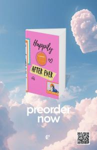 A book cover with the title" "Happily After Ever," by Jill Blocker floating in the clouds. The book cover is bright pink and looks like a diary cover.