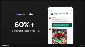 Smartphone screen showing a game-day group chat alongside the stat '60%+ of members onboarded in week one', on a South Sydney Rabbitohs branded background.