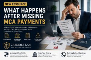 Educational image illustrating the risks of missed Merchant Cash Advance payments, including MCA collections, ACH withdrawals, Merchant Cash Advance lawsuits, frozen business bank accounts, bank levies, default judgments, UCC liens, and business debt chal
