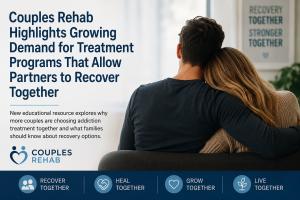 Couple embracing during recovery as Couples Rehab highlights growing demand for addiction treatment programs that allow partners to recover together.