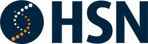 Logo for Health Sciences North in Navy blue, orange and white
