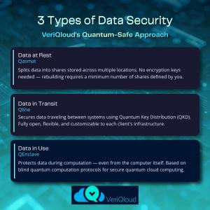 Green and blue poster with white text on 3 types of data security solutions offered by VeriQloud.