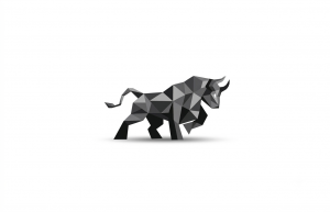 A geometric bull icon made of angular shapes in grayscale, symbolizing strength and determination.