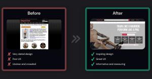 Before and after comparison of an ecommerce website homepage showing Digital Position's conversion rate optimization approach. Left panel shows an outdated, text-heavy design with poor visual hierarchy. Right panel shows a modernized layout with bold imag