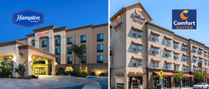 Side-by-side images of Hampton Inn and Comfort Suites hotel buildings with their logos displayed at the top corners.