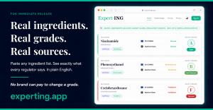 Expert·ING web app showing ingredient analysis results for Niacinamide graded A Safe, Phenoxyethanol graded B Low Concern, and Cyclohexasiloxane graded F Banned, with EU COSING and Sephora Clean regulatory sources shown for each ingredient. experting.app.