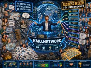 Farbenfroher Business-Cartoon, der KMU.NETWORK als zentrale digitale Vermittlungsplattform zeigt. Unternehmer mit Finanzierungs-, Lieferanten-, KI-, Marketing- und Expansionsproblemen werden über leuchtende Datenverbindungen mit Investoren, Banken, global