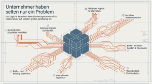 Infografik mit einem zentralen blauen Würfel-Netzwerk, von dem orangefarbene Verbindungslinien zu typischen Unternehmerproblemen führen: fehlendes Kapital für Wachstum, komplexe Lieferantensuche, neue Kunden und Reichweite, digitale Sichtbarkeit, Weiterbi