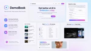 DemoBook homepage showing its tagline and a feed of short clips of real AI tool usage, browsable by use case, product, and profession.