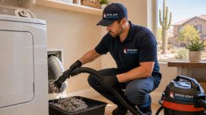 Technician removing lint buildup during dryer vent cleaning in Gilbert Arizona