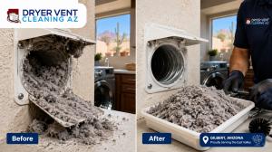 Before and after dryer vent cleaning showing lint buildup removed from a Gilbert AZ home