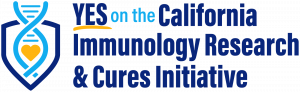 This is a graphic depicting a shield with a DNA strand, yellow heart within to the left of the words YES on the California Immunology Research & Cures Initiative