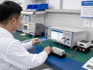 KINGPO ESU analyzer used by an engineer for high-frequency electrosurgical unit testing with load resistance and measurement cables in a medical electrical safety laboratory.