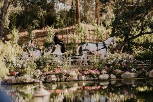 Bride and groom riding a white horse-drawn carriage through a flower-lined garden with a pond reflection at a Southern California wedding coordinated by Wedding Revolution LLC
