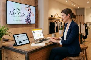 Retail store manager using GO CAYIN cloud digital signage platform on laptop to remotely manage in-store display screen showing new arrivals promotion
