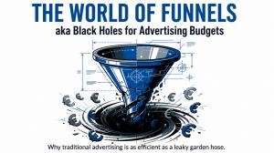 Graphic titled “The World of Funnels – aka Black Holes for Advertising Budgets,” showing a large blue marketing funnel cracking apart above a dark vortex while euro symbols are pulled into it.