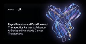 Announcement graphic on a black background showing a glowing 3D nanobody protein structure in blue, violet and gold beside the Rayca Precision and dP Therapeutics logos, with the headline "Rayca Precision and Data Powered Therapeutics Partner to Advance A