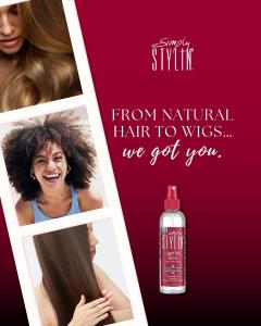 Promotional graphic featuring Simply Stylin' Light Silk Spray alongside images of healthy natural hair and a smooth wig with the message, "From Natural Hair to Wigs... we've got you."