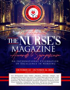 Promotional flyer for The Nurses Magazine 2nd Annual Awards & Symposium, October 22–24, 2026, in Orlando, Florida, featuring nomination and ticket information.