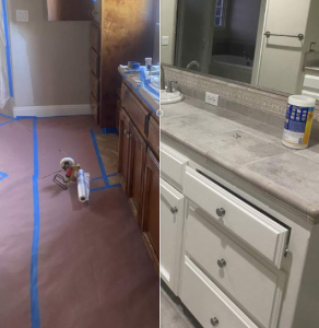 Before and after view of a professional bathroom cabinet refinishing project completed by Ponce’s Quality Painting Inc. in Visalia, CA.